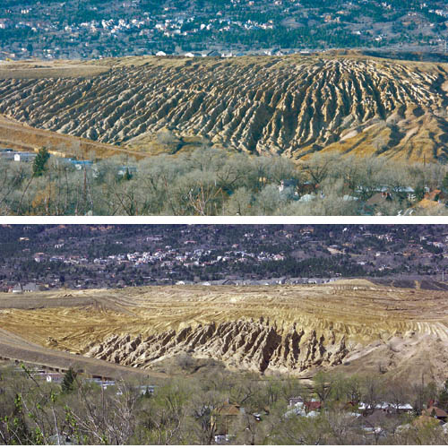 The century-old erosion scars along the face of Gold Hill
Mesa above Fountain Creek were on their way to
elimination this week. TOP: How the hill looked April 11, in a
view from Promontory Point Open Space. BOTTOM: How
the the hill looked a few months ago from the same spot.
Westsdie Pioneer photos