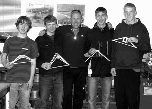 Coronado�s bridge-building team holds up their bridge
designs before the competition. From left are Cameron
Misegadis, Lucas Webster, teacher Doug Hugill, Andrew Lesser and Alex Vaske.
Courtesy of Doug Hugill