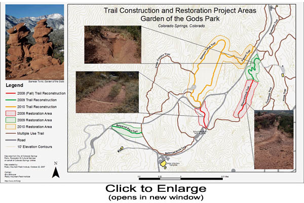 A map from the Rocky Mountain Field Institute (RMFI)
shows its three-year plan for erosion-control projects at the Garden of the Gods, and photos of past work efforts.
Courtesy of Rocky Mountain Field Institute