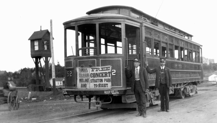 Art Crawford�s grandfather, James Crawford, is at left in
this photo, taken sometime during 1907-08, when James was employed with the Colorado Springs & Interurban Railway.
Courtesy of Art Crawford