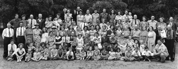The 66th Bishop family reunion in 1944. Fred Bishop Jr. was not in the picture, being in the war. But an attentive reader will 
find the twins, Fred Sr. and Ed Bishop. The 130th Bishop family reunion will be in Thorndale Park Sunday, Aug. 3.
Courtesy of Fred Bishop