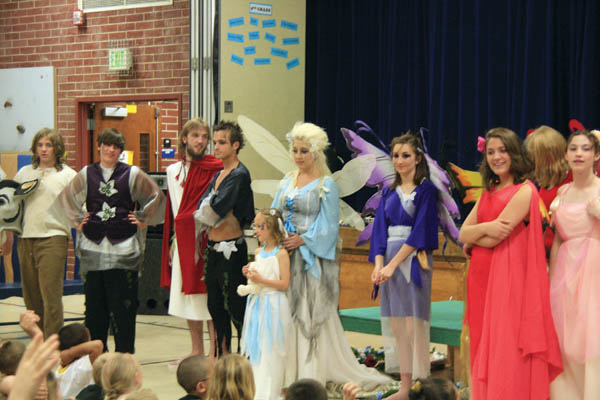 Several of the cast members from �A Midsummer Night�s Dream� answer questions from Bristol Elementary students 
after giving them a preview performance of their show (scheduled May 6-8 in the Holmes courtyard).
Westside Pioneer photo
