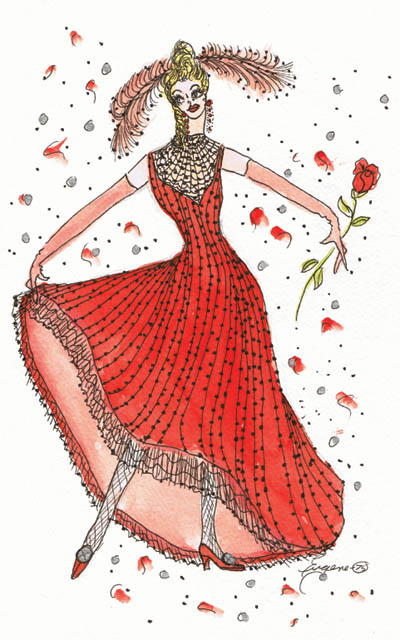 Since about 1955, Westside artist Mr. Eugene, now 80, has
enjoyed creating images of fashionably dressed ladies �
such as the one above, adorned in a dance-hall style from
the Old West and drawn exclusively for the Westside
Pioneer�s 2008 Territory Days edition. As for the title of this
painting, it�s the same as all the others he�s produced in this
genre over the years: �One of the Girls.� Click to see STORY and PHOTO. 
Courtesy of Mr. Eugene