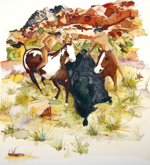 Colorado Springs artist Kirk Mueller depicts a Garden of the
Gods buffalo hunt in this original painting, which he created
for the Westside Pioneer for the 31st annual Territory Days in Old Colorado City May 26-28.
Painting by Kirk Mueller; photographed by Westside Pioneer 