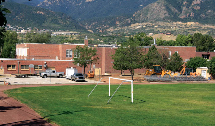 The District 11 work area on the north side of West Middle
School is shown in a  photo taken this week from the school�s �backyard� off Bijou Street.
Westside Pioneer photo