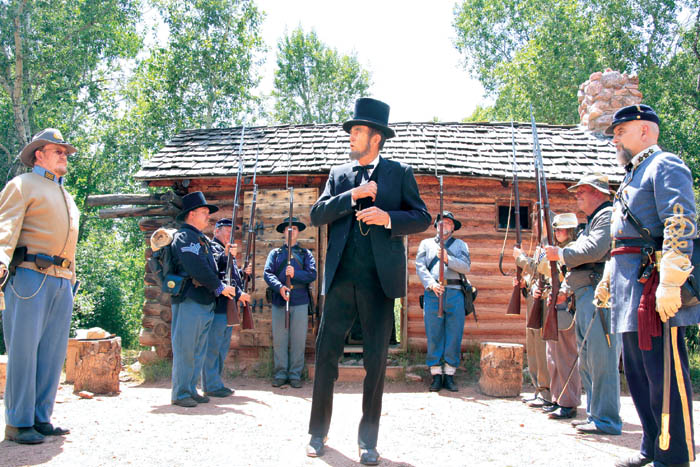 Abraham Lincoln (portrayed by Merell Folsom) delivers the Gettysburg Address at Rock Ledge Ranch�s Galloway Cabin 
during its �Family Fourth.�
Westside Pioneer photo