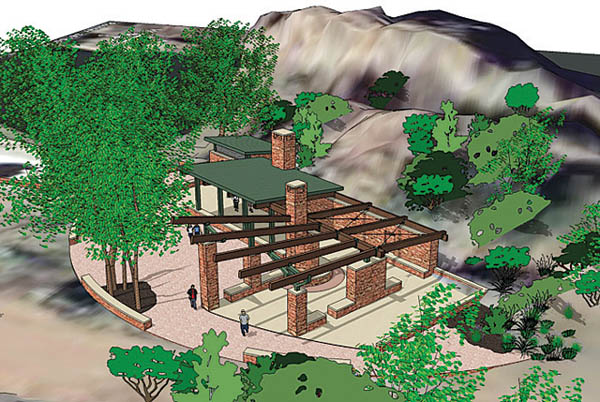 An artist�s rendering approximates the look of the Red Rock Canyon Open Space pavilion. The sandstone back wall will 
remain as it has been since the Bocks built it for their family living room in the �60s.
Courtesy of Source Architechnology Systems