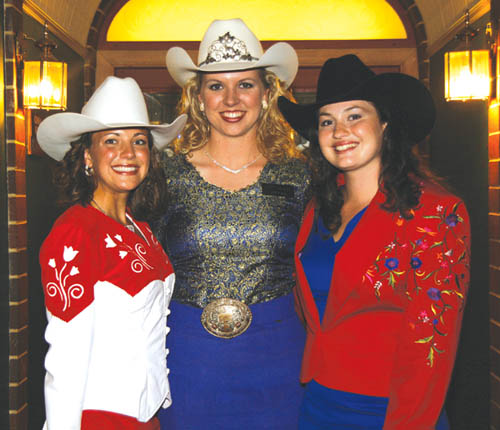 Amy Amack (center), the Pikes Peak or Bust Rodeos 2007 Girl of the West, is flanked by Holly Humiston, the 2008 
Girl of the West (right); and April Biernat, the 2008 Aide to the Girl of the West, at the Clarion Hotel. The photo was taken after judging by a volunteer committee 
selected Humiston and Biernat, who will begin making appearances for the rodeo next May.
Westside Pioneer photo