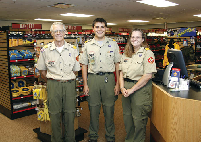 Employees are (from left) Jack Spears, Mike Jones and
Roxann Steiner in the Hibbard Memorial Scout Shop inside
the newly reconstructed home of the Pikes Peak Council of the Boy Scouts of America at 985 W. Fillmore St. Originally a Bally�s fitness center, the building interior 
was completely redone.
Westside Pioneer photo