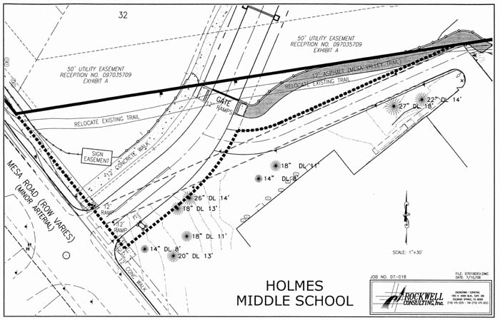 An engineering drawing illustrates how the Mesa Road
access would work with the proposed Sentinel Ridge development. The dotted lines indicate the current
driveway along the north side of Holmes Middle School between Mesa and the school�s rear parking.  The new access would start at the same place, curving toward the
subdivision�s gated entrance but first providing a fork back to the Holmes driveway.
Courtesy of Rockwell Consulting