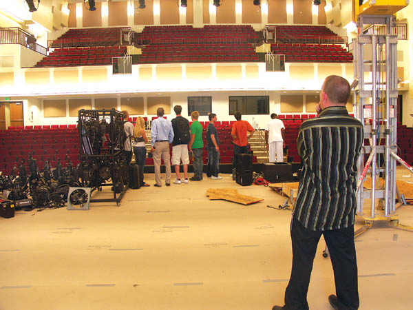 Coronado High Choir Director Jeff Hodur (right, foreground) contemplates the new auditorium�s interior while at the 
same time Assistant Principal David Engstrom (light blue shirt) gives a quick tour to a group of students Sept. 17. 
Westside Pioneer photo