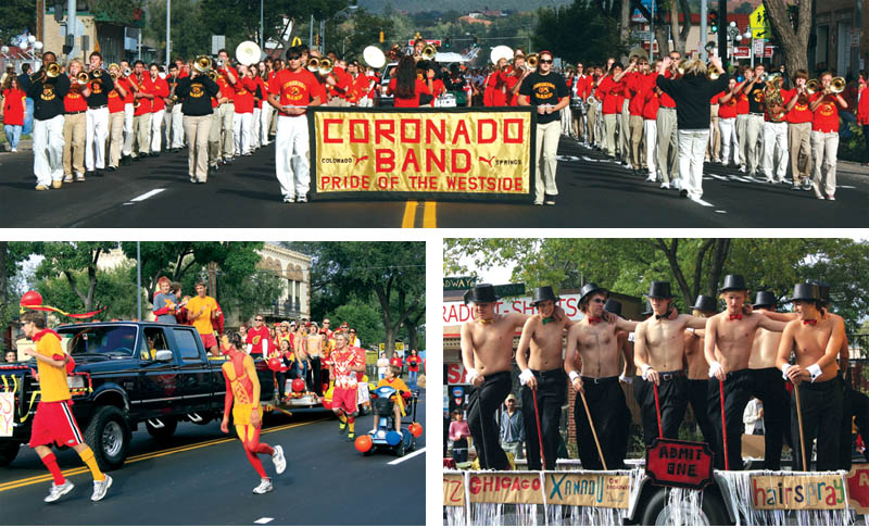 TOP: The Coronado Band heads down Colorado Avenue from 29th Street at the start of the schools Homecoming Parade Sept. 22. 
BOTTOM LEFT: The cross-country float didnt win a prize but it was the most active. 
BOTTOM RIGHT: The swim team puts on Broadway-style moves on their first-place float.
Westside Pioneer photos
