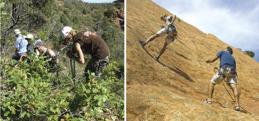 LEFT: A crew cuts through thick vegetation along a switchback of the future Roundup Trail Sept. 30. 
RIGHT: With belaying help from his father, Ron, C.J. Sidebottom rappels down a route he had just completed on the Wailing Wall Oct. 1.
Westside Pioneer photos