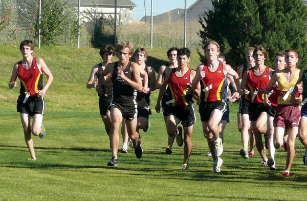 Coronado High School�s top five cross country team runners can be seen shortly after the start of the Metro League 
championship race Oct. 9. The Cougars took second, a week before winning regionals. Wearing red and gold are (from left) Jesse Matthews, Dusty Solis (first at 
both Metro and at regionals), Andrew Hugill and Dylan Witte. Fifth man Ben Vaske is partially obscured behind Witte�s right shoulder.
Westside Pioneer photo