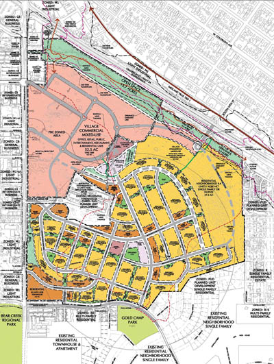 The concept plan for Gold Hill Mesa, as approved by 
Colorado Springs City Council, shows the long-range 
residential/commercial plan for the entire 214-acre 
property. Phase 1, for which a 306-unit development plan 
has been approved, is the southwest area north of Lower 
Gold Camp Road but short of 21st Street. A future 
open-space area along Fountain Creek can be seen in 
green at the top of the map.
Courtesy of Gold Hill Mesa Township LLC